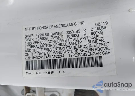 2019 Honda Accord Ex from USA, damaged, VIN 1HGCV1F46KA162244
